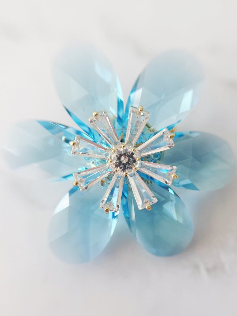 Light Blue Flower Brooch Pin with Clear Rhinestones and Gold Tone Setting